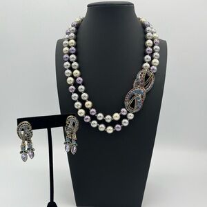 Heidi Daus Signed NWOT Crystal Pearl Peace Sign Statement Necklace & Earring Set